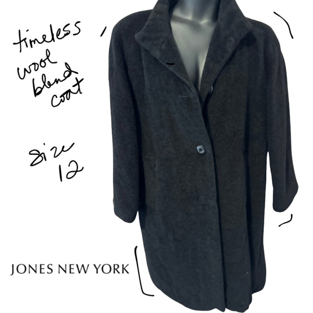 Vintage Jones New York Wool Blend Black Coat, Size 12, Summer Sale